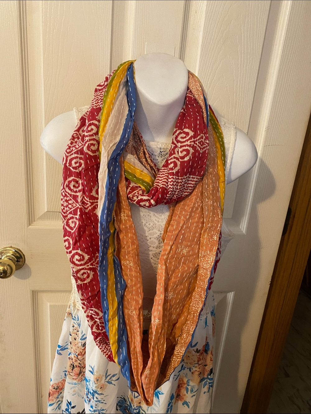 Boho Multicolor Printed Women's Infinity Scarf - Red, Orange, Blue & Yellow.